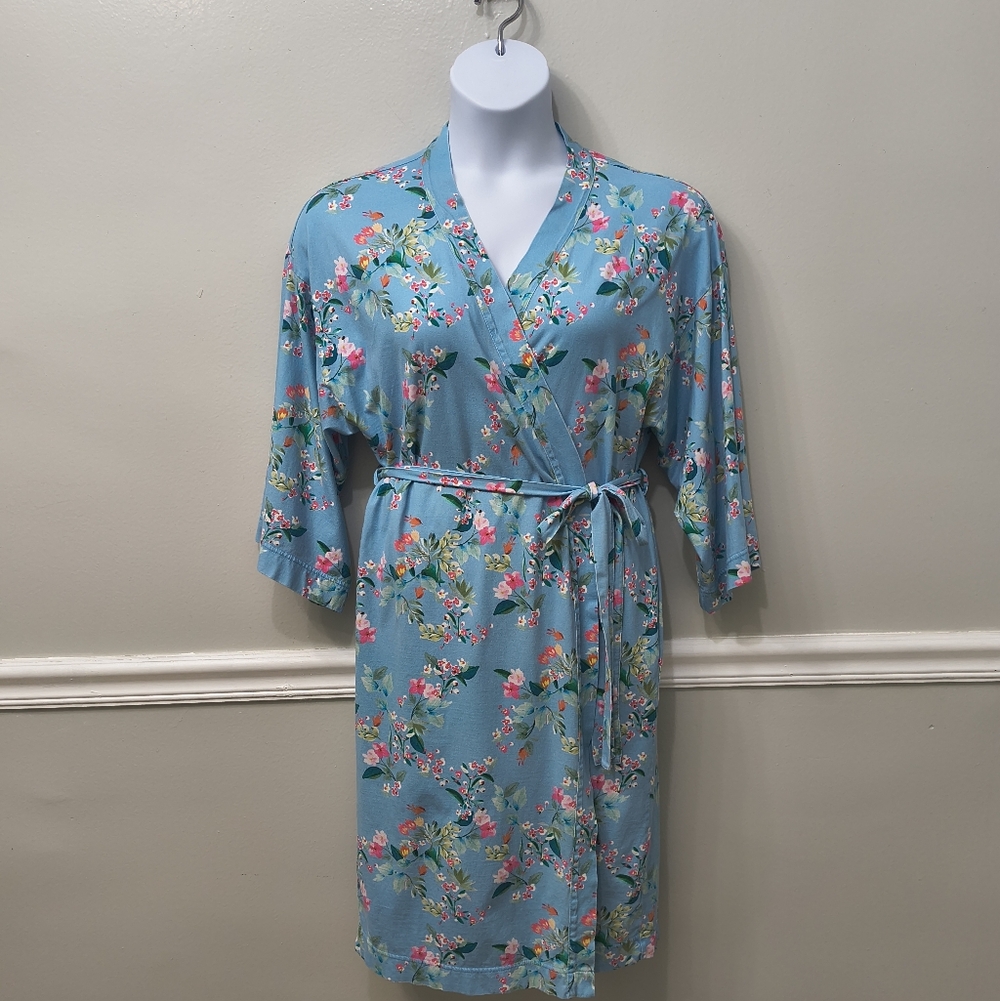 Garnet Hill Kimono Robe Small Blue Floral 100% Organic Cotton Lounging Relaxed